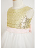 Gold Sequin Ivory Tulle Pink Bow Knee Length Flower Girl Dress 